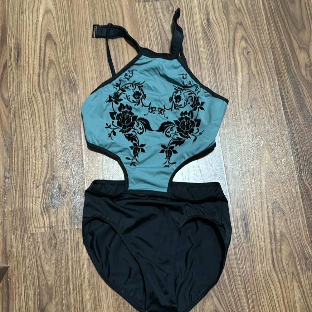 Floral jade/black dance leotard/bodysuit